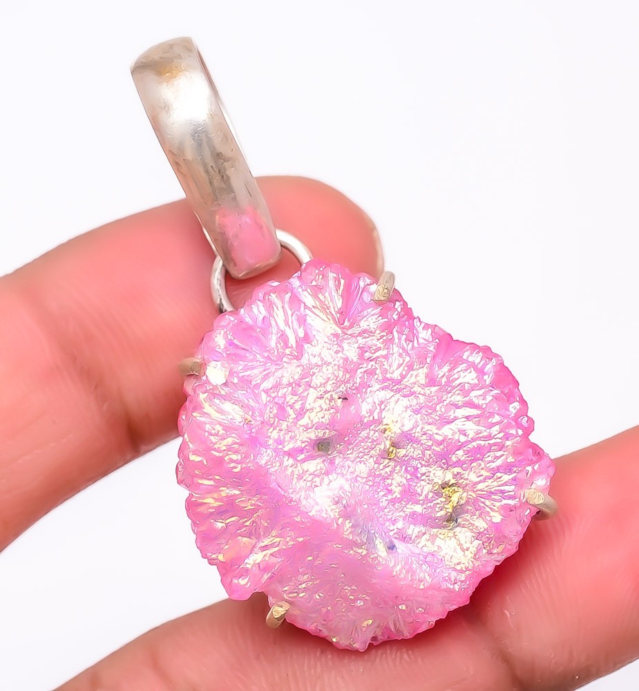 Natural Pink Titanium Drusy Gemstone 925 Silver Plated Pendant 1.7″ T276