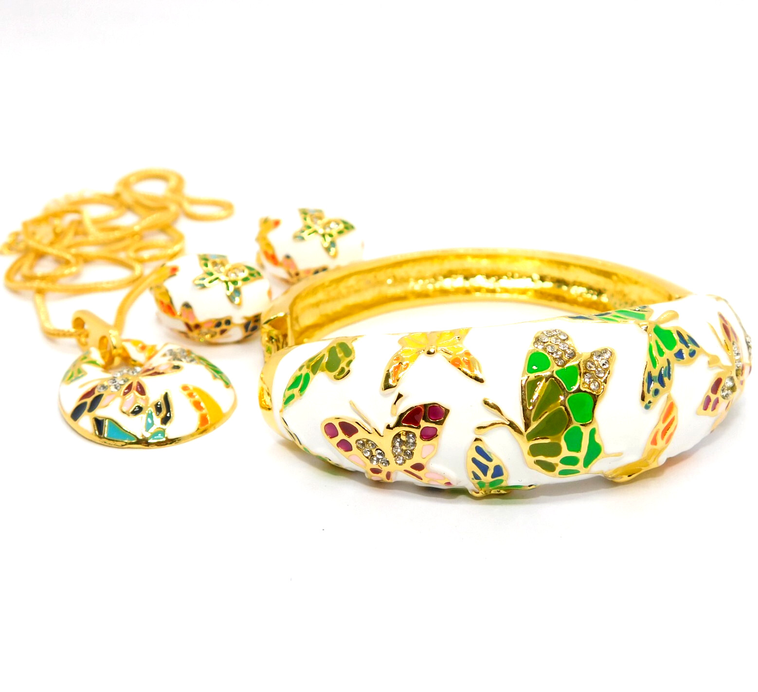 Colorful Butterfly Pendant Necklace and Earrings Set Gold Plated Enamel Jewelry