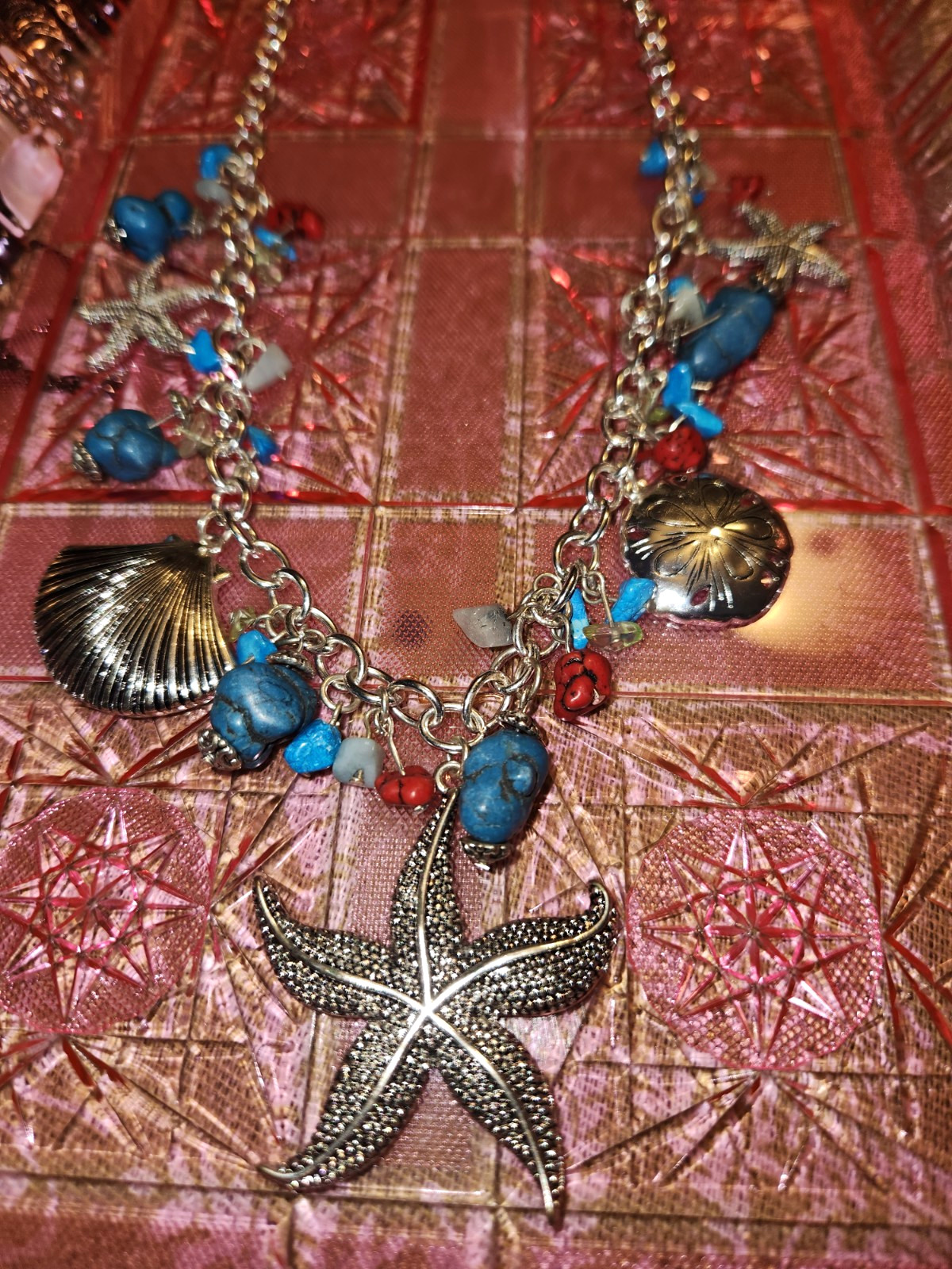 Silver Starfish Seashell Charm Necklace Turquoise Stone Coral Beads