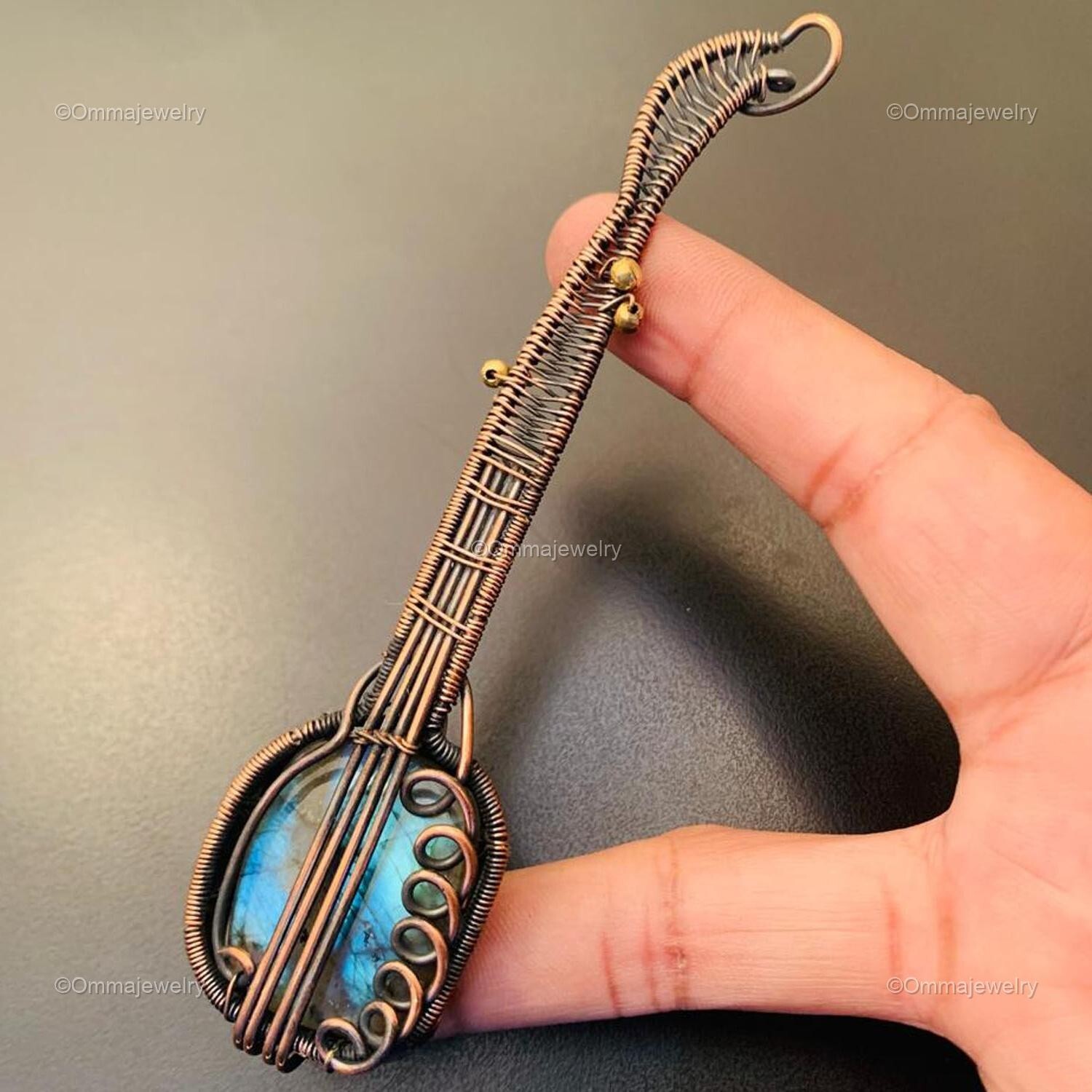 Square Natural Labradorite Wire Wrap Birthday Boho Guitar Pendant Jewelry Copper