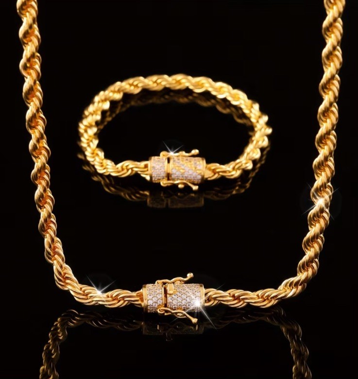 2 Pcs of Men’s Fashion Jewelry, 18K Gold-Plated & Zirconia 6mm 23.62in/7.48 inch