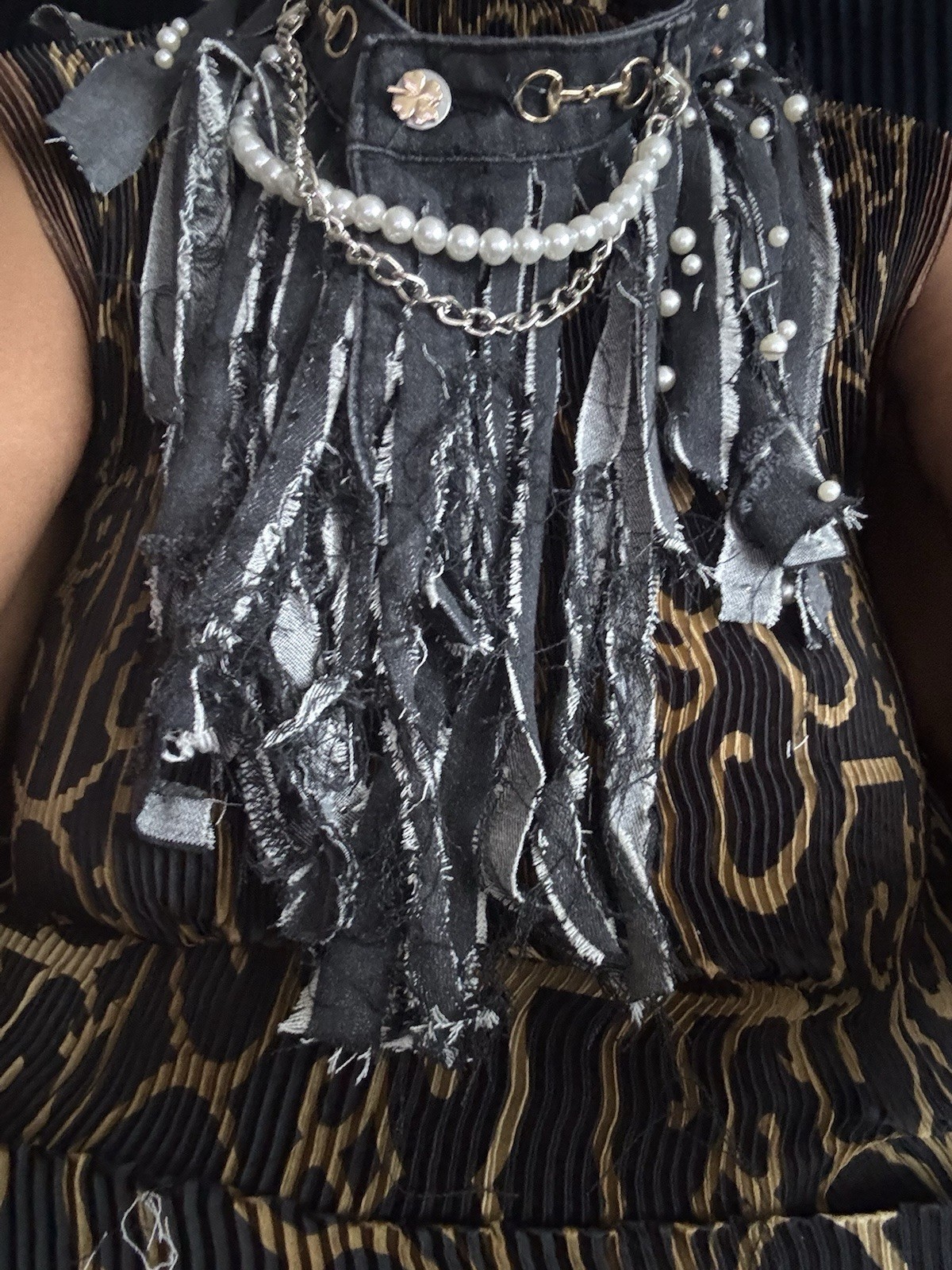 Gray Fabric Bib Statement Necklace w/ White Round Pearl & Crystal, Cable Chain