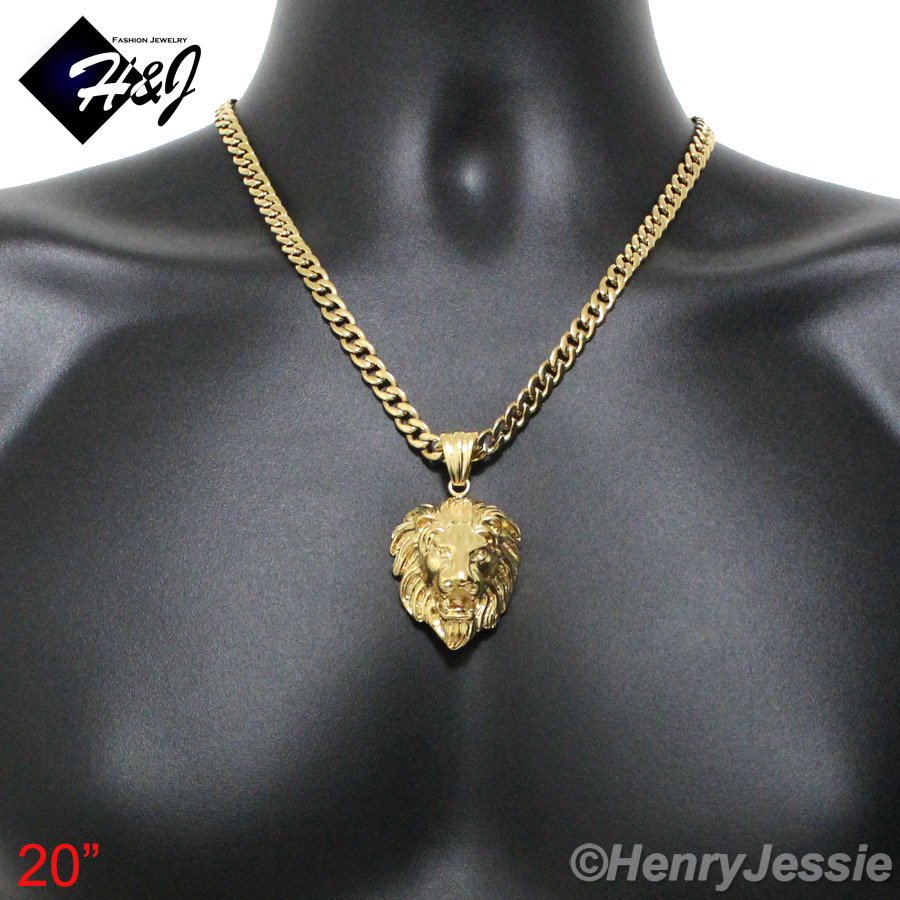 18-40″MEN Stainless Steel 7mm Gold Plated Cuban Curb Chain 3D LION Pendant*GP50