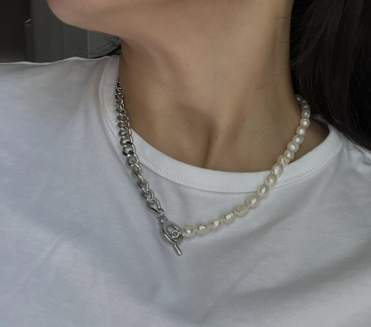 Freshwater Pearl Silver Chain Necklace Modern Statement Jewelry Gift