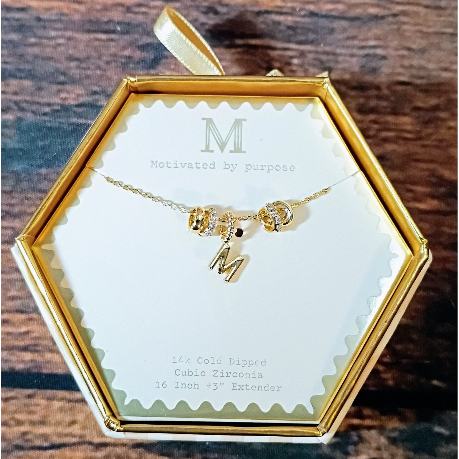 A New Day 14k Gold Dipped Initial M Necklace Cubic Zirconia 16-19 Inch NIB