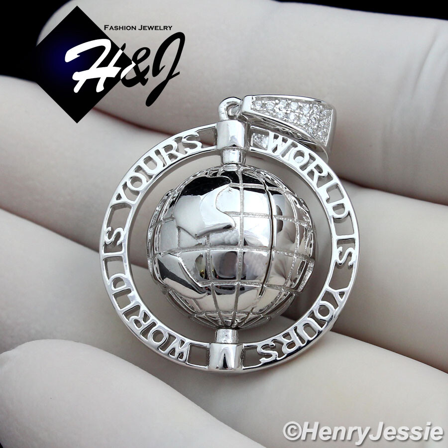MEN 925 STERLING SILVER ICY BLING CZ “WORLD IS YOURS” 3D SPIN GLOBE PENDANT*S138