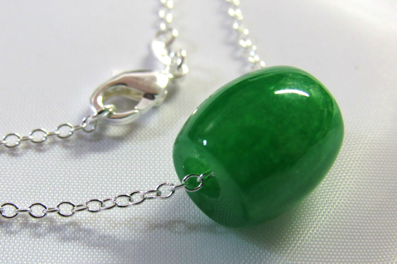 NATURAL DARK GREEN Jade Carved Chinese Lucky Barrel Pendant 925 Silver Necklace