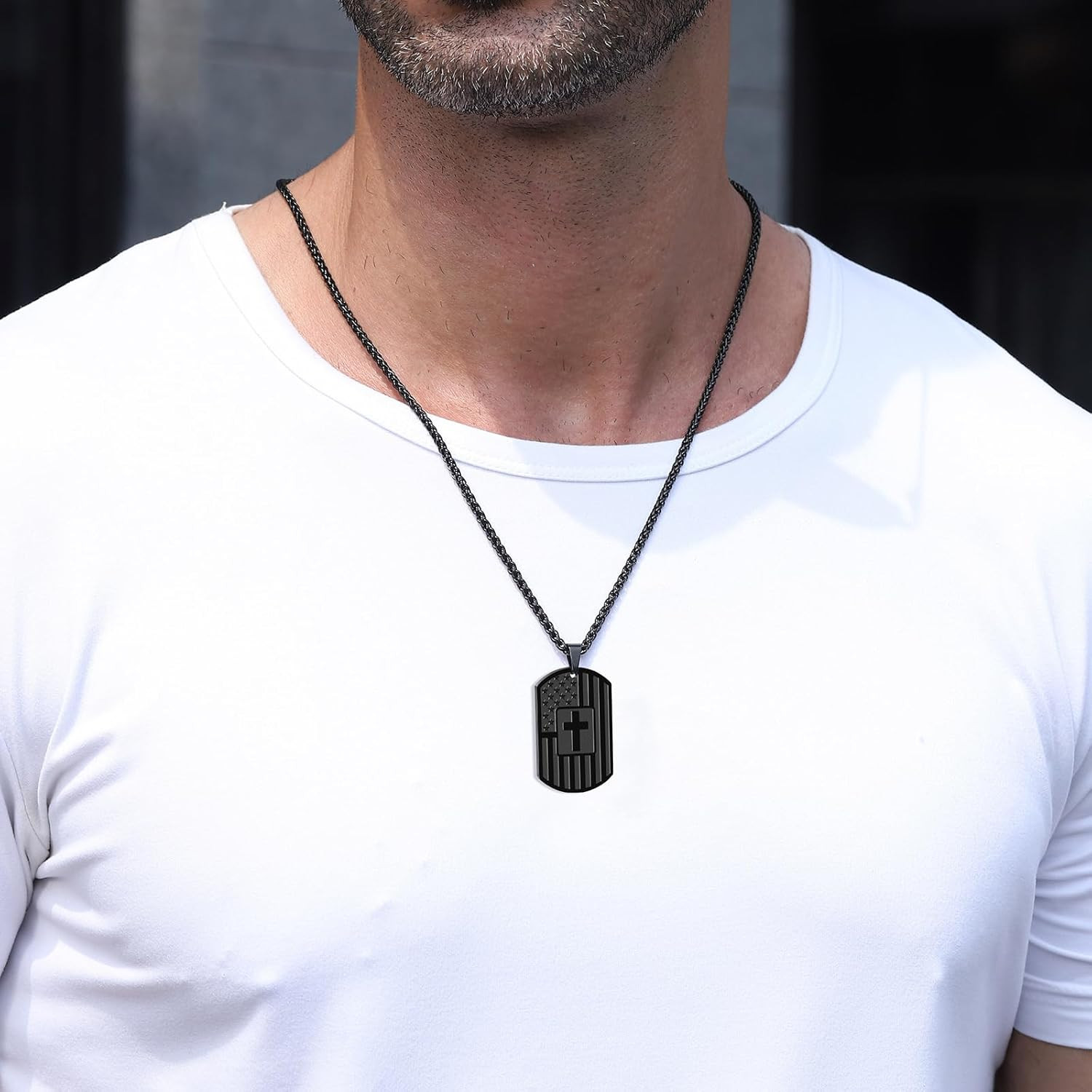 American Dog Tag Cross Necklace for Men Boys Christian Confirmation Gifts