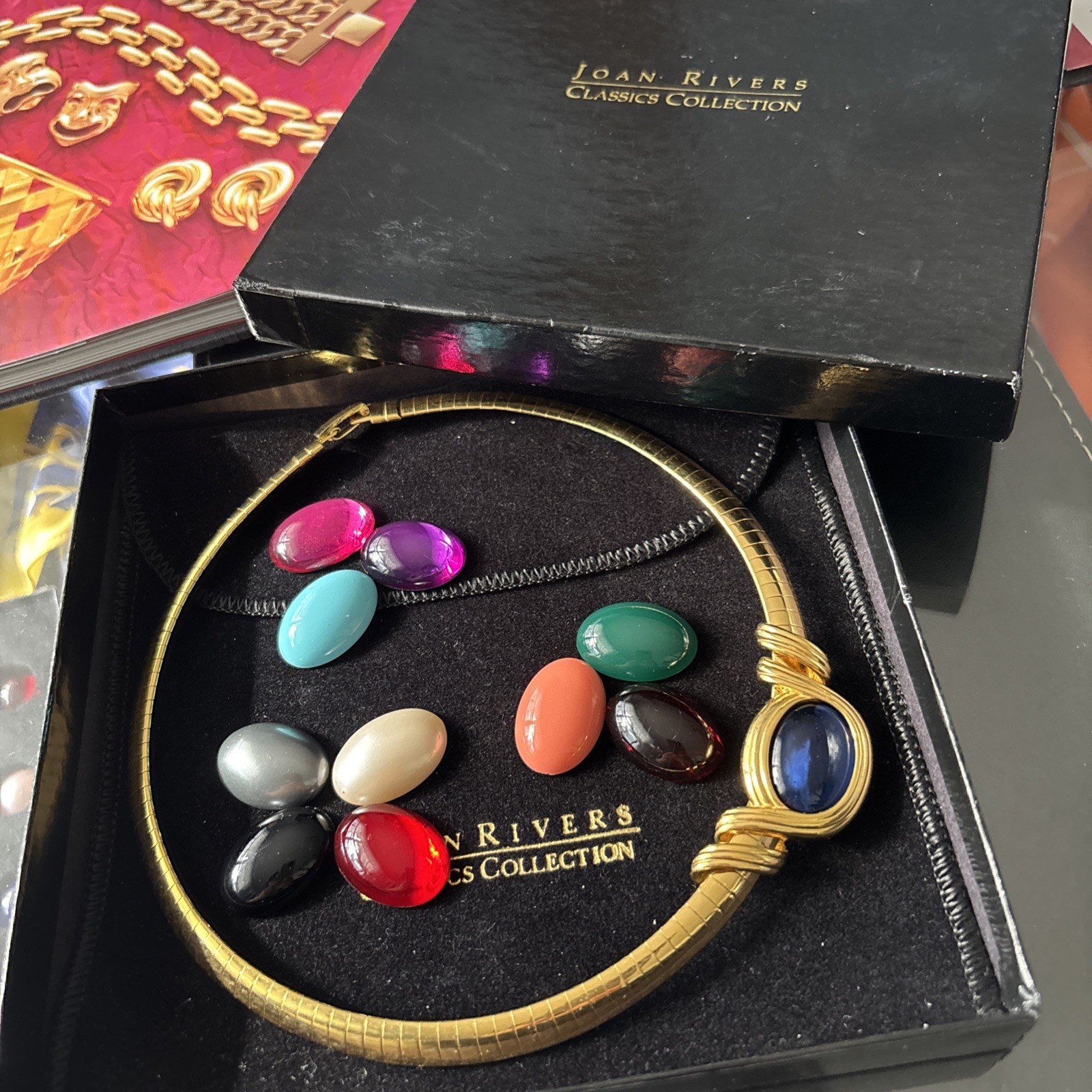 Vintage Joan Rivers Gold Omega 10 Color Interchangeable Cabochon Necklace 1extra