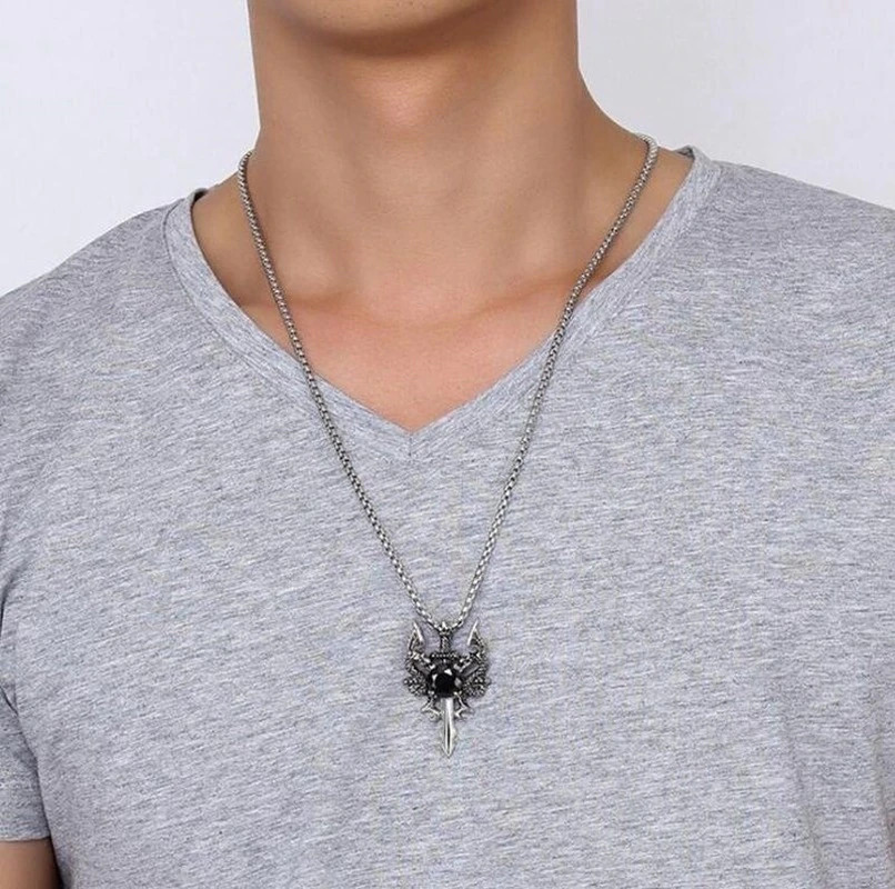 Men’s Fashion Jewelry Gothic Silver Double Dragon Sword Pendant Necklace 1-93