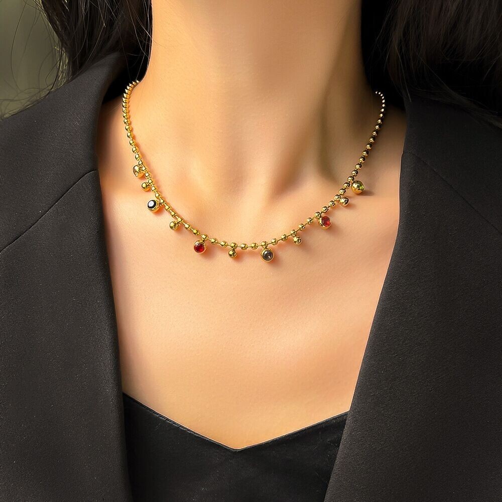 Woman 18K Gold Plated Stainless Steel Mutilcolor CZ Simulate Bead Chain Necklace