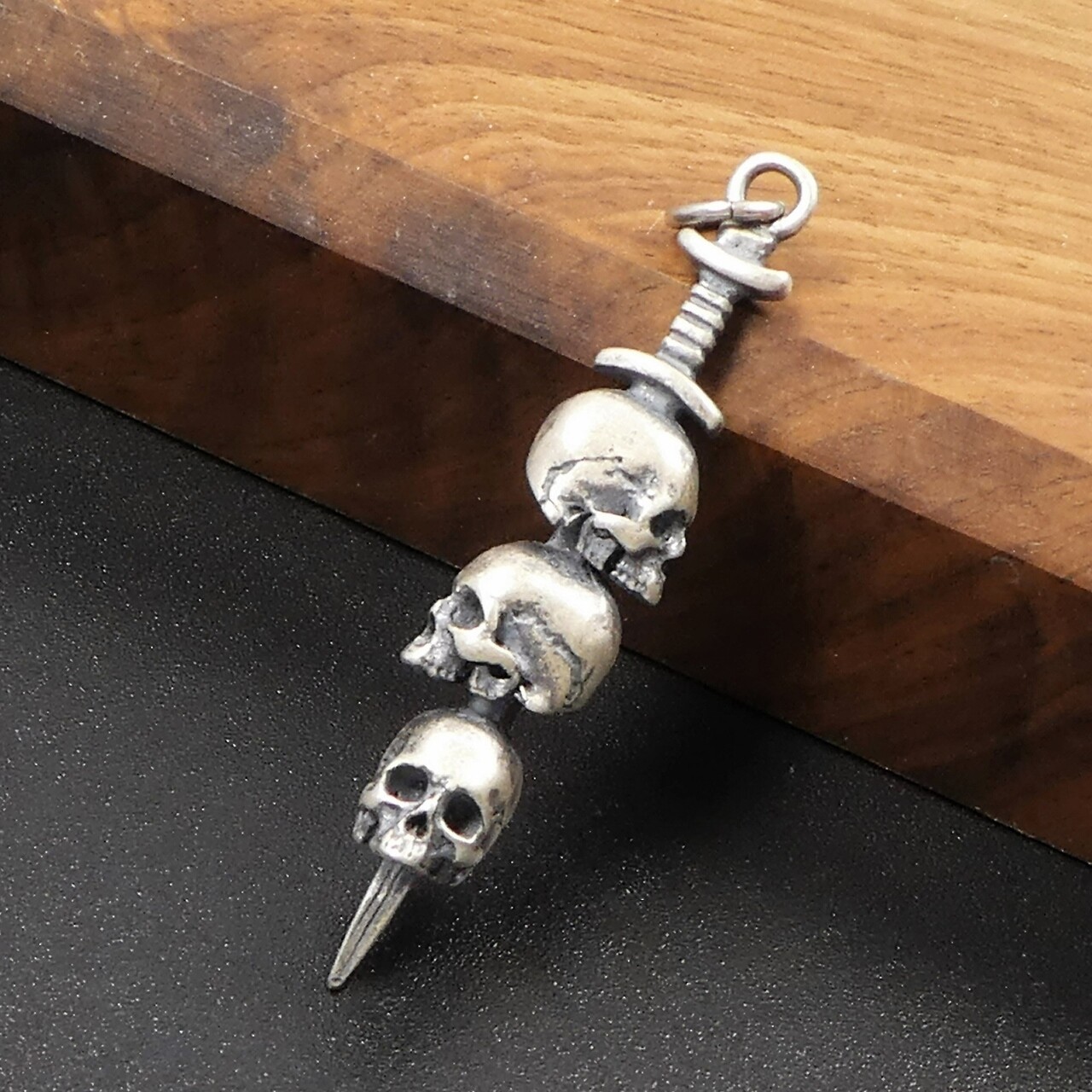 Oxidized 925 Sterling Silver Three Skulls on Sword Men’s Pendant Gothic Unique