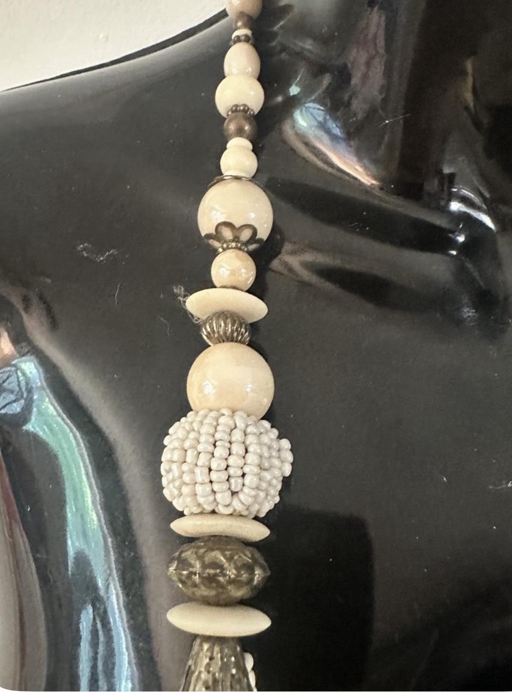 Vintage Ivory Multi Strand Seed Bead Tassel Necklace Boho Statement Bib Long