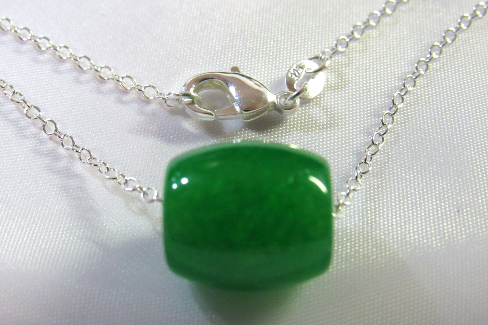 NATURAL DARK GREEN Jade Carved Chinese Lucky Barrel Pendant 925 Silver Necklace