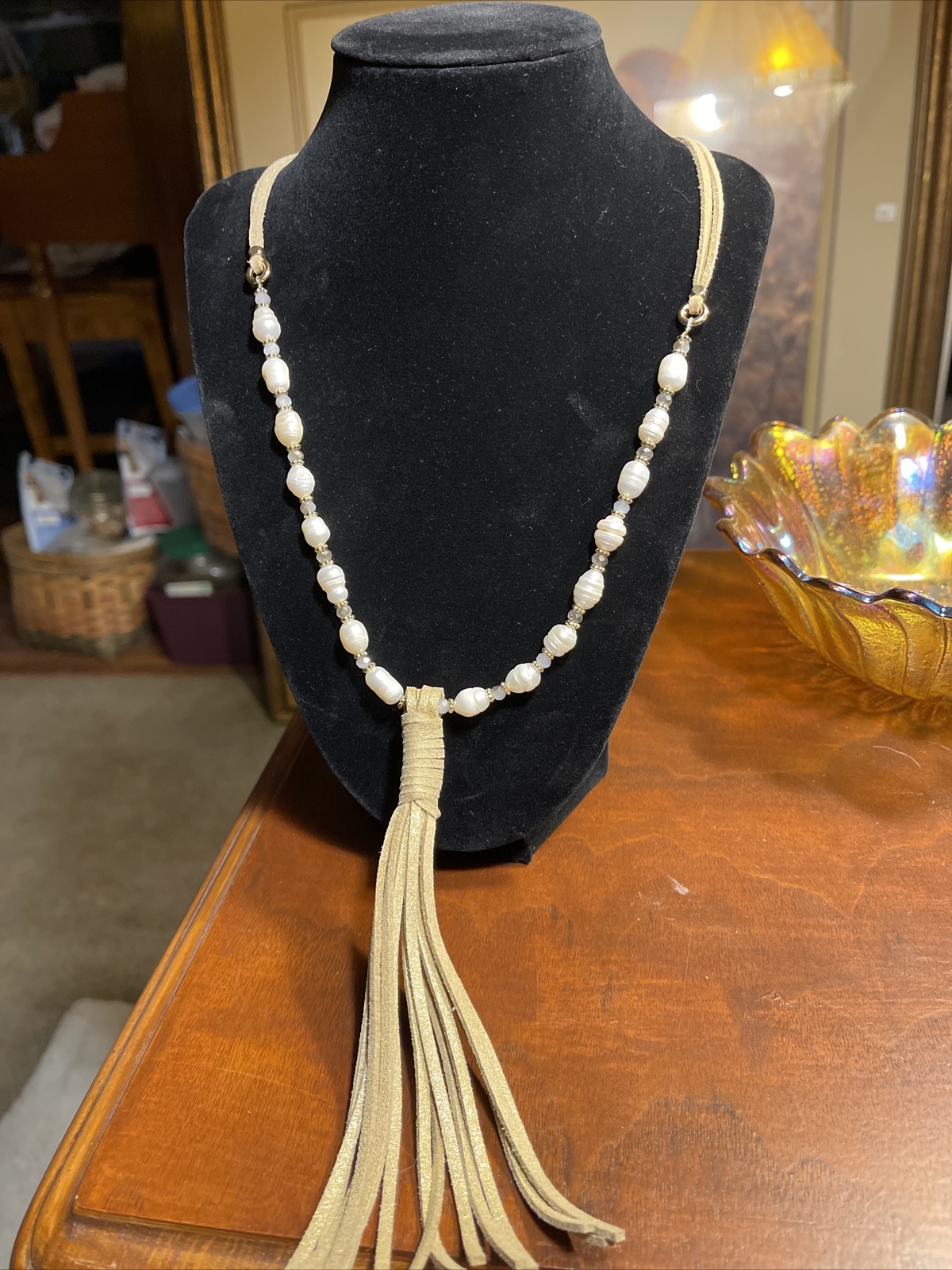 Pearl and suade necklace AB beads gold tone variable length Modernist