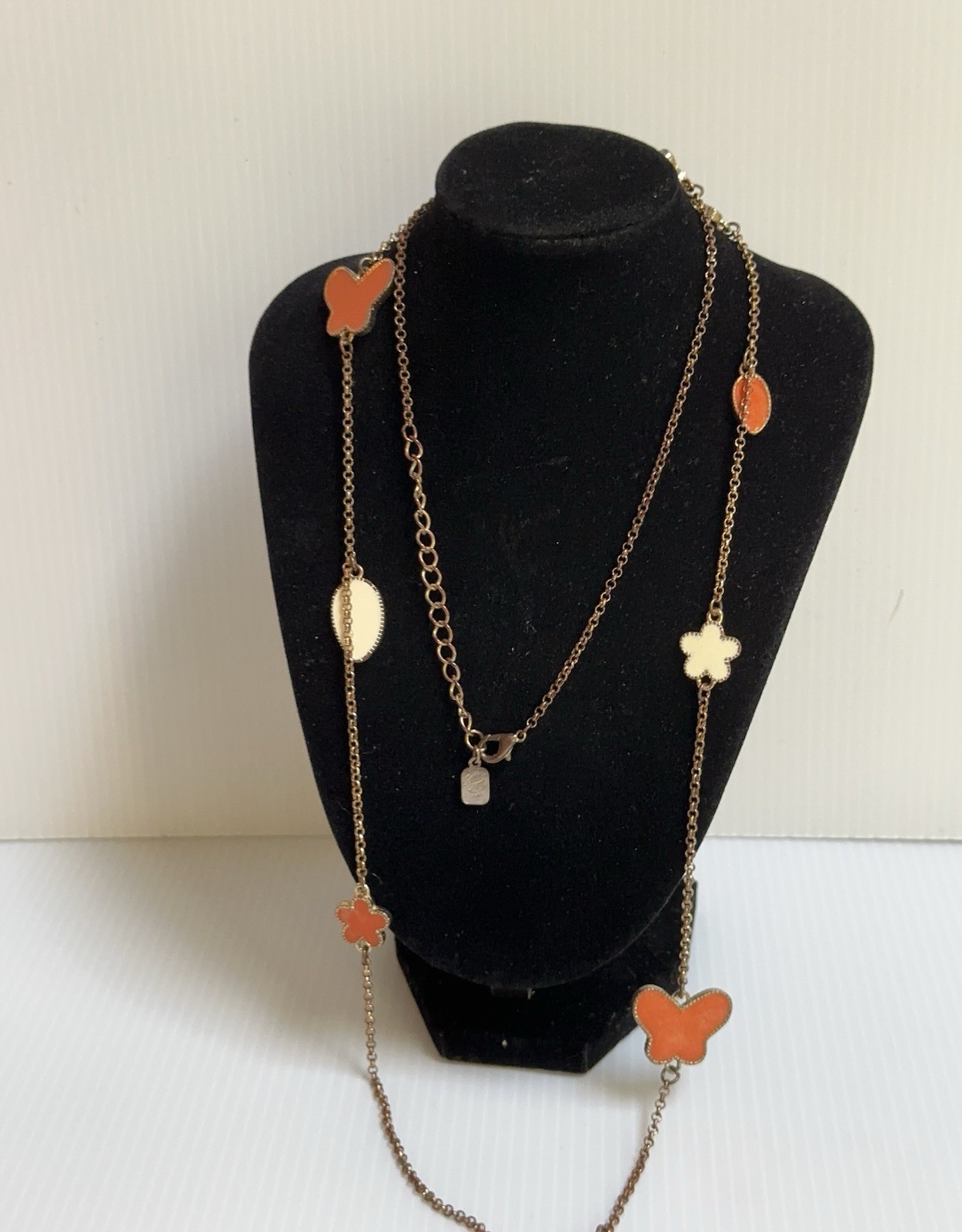 DESIGNER SIGNED”YOU AND I”38”LONG LUCIT ORANGE CREAMY BUTTERFLIES STARS NECKLACE