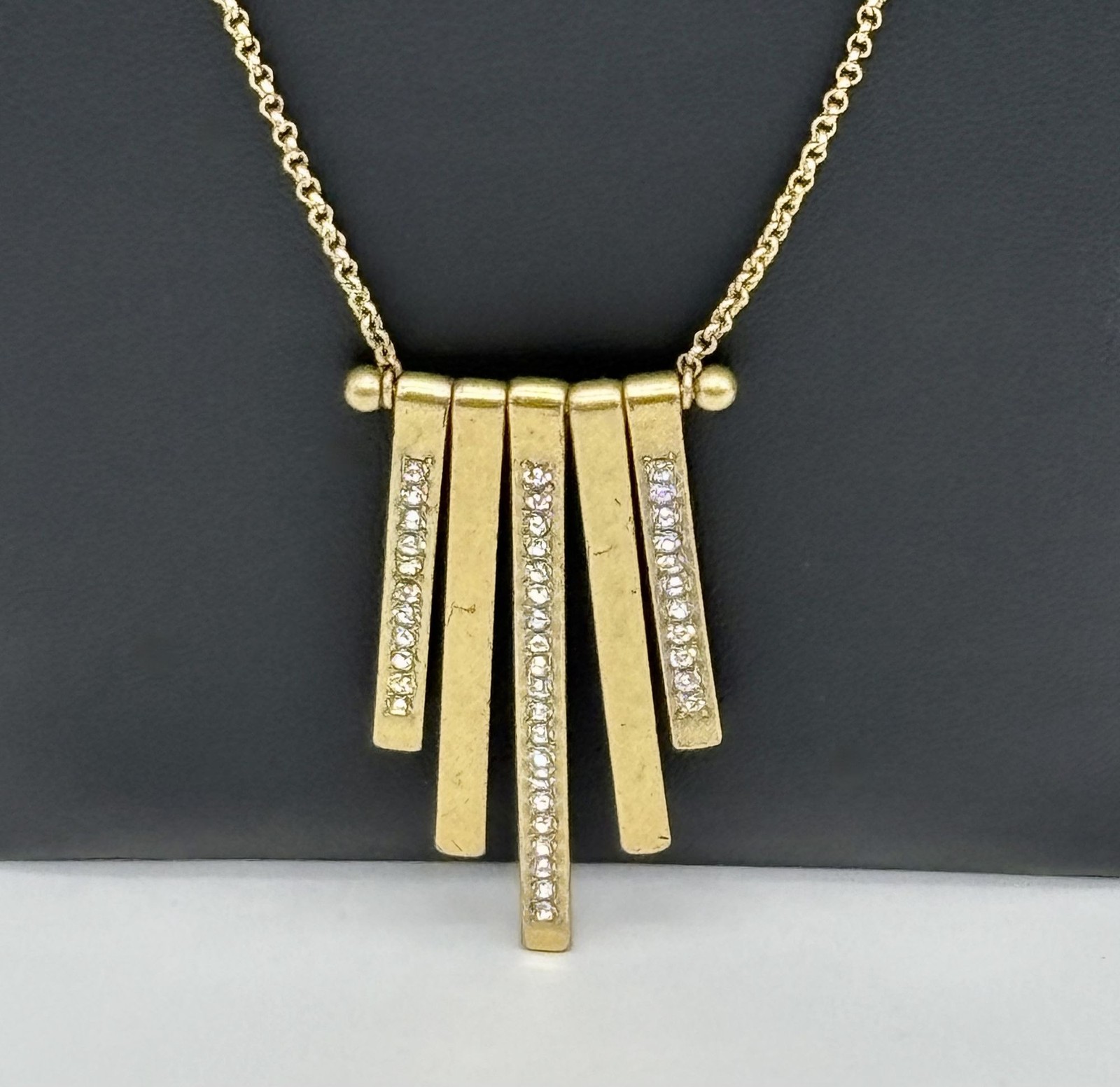 J. Crew Long Brass Gold-Tone Necklace Dangling Vertical Bar Charms W Rhinestones