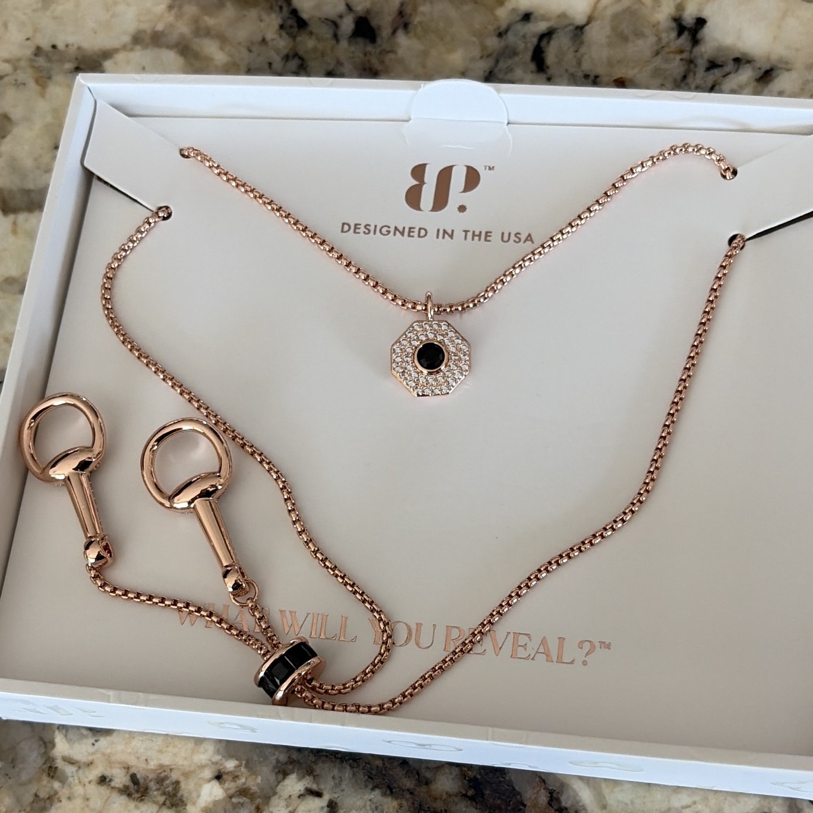 Unwritten Black Onyx & CZ Rose Gold Plated Adjustable Bolo Necklace NK95827