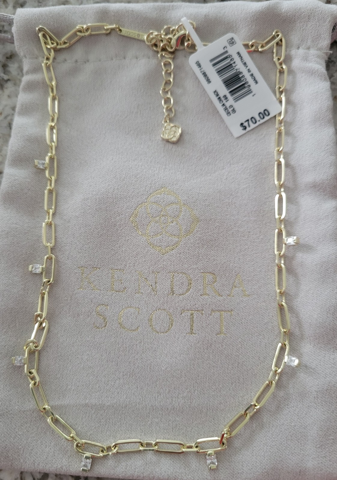 Kendra Scott Cecilia Crystal Chain Necklace Gold White Crystal NWT Pouch