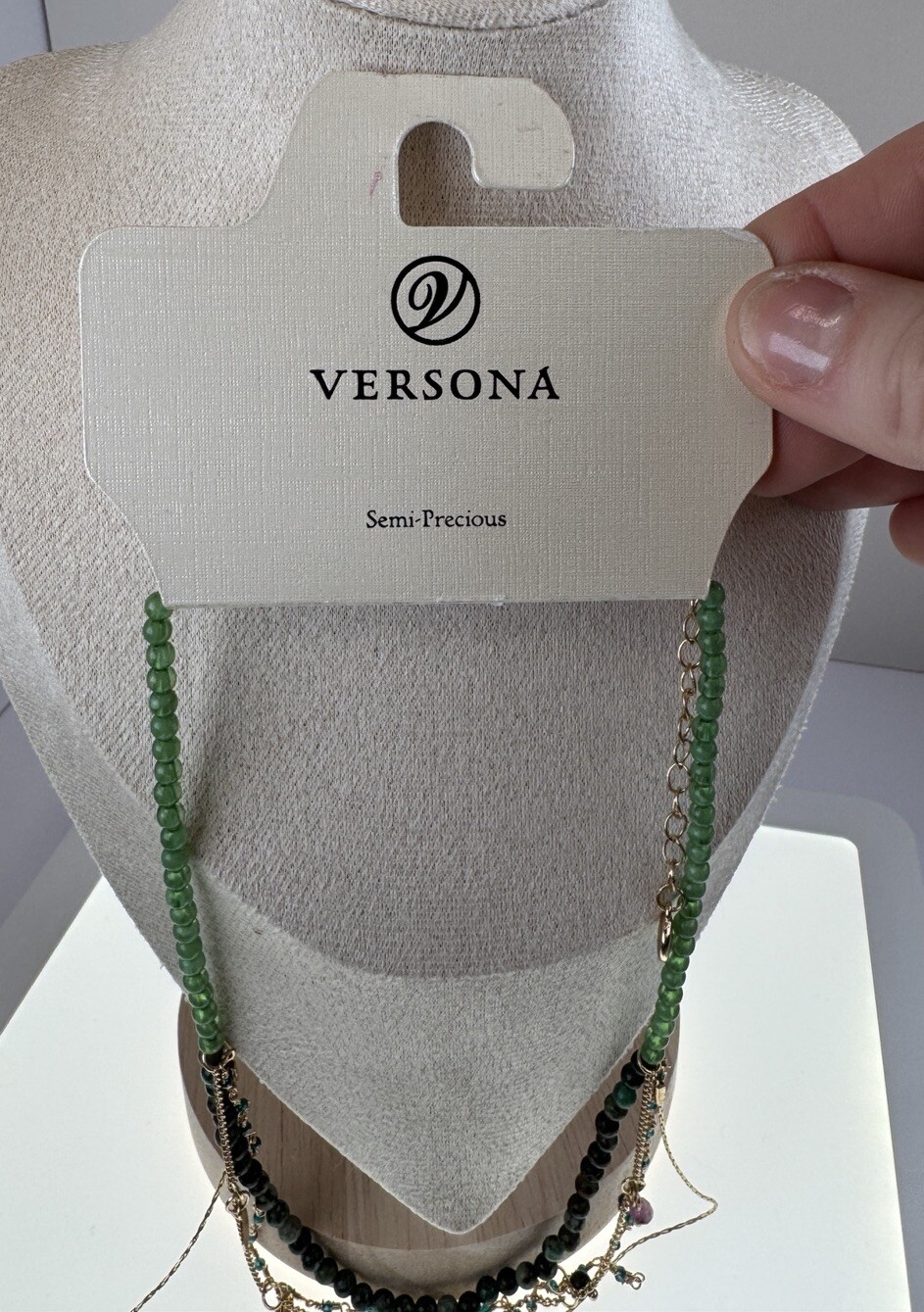New Versona Beaded 4 Layered Gold Jewelry Necklace Green & Pink Gemstones