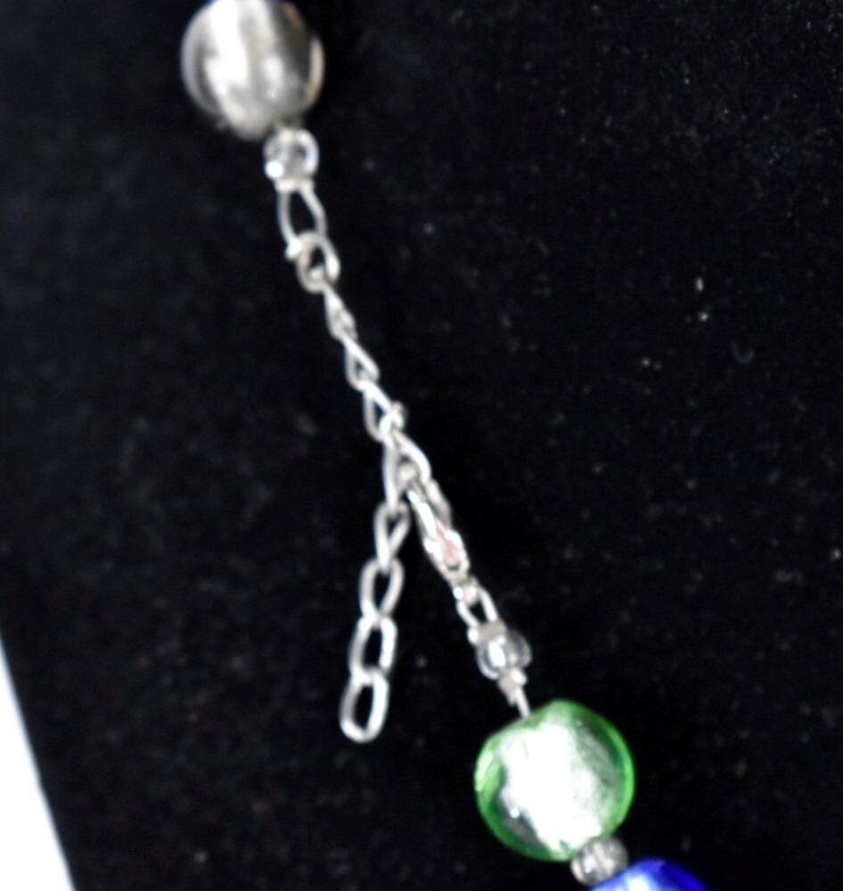 Glass Bead Necklace Vintage Metallic Green Blue and Brown 17 in