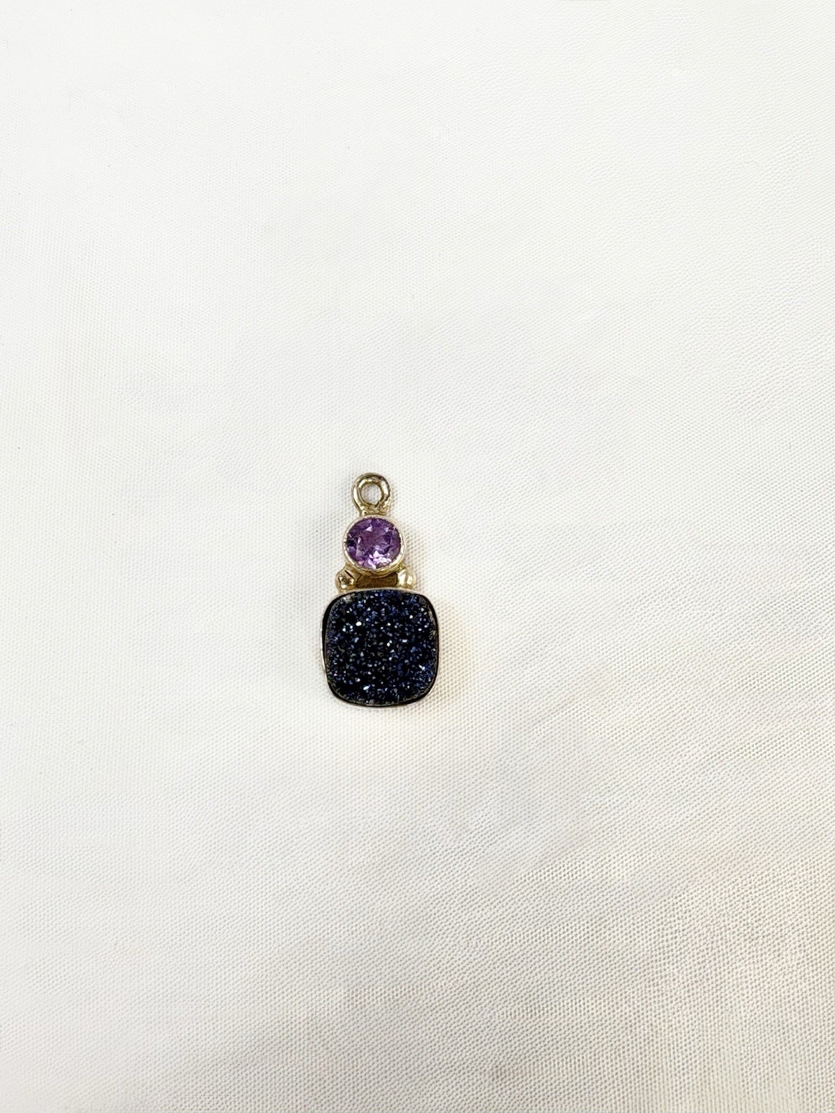 Stamped 925 Silver Blue Druzy Quartz & Light Purple Stone Pendant Made In India