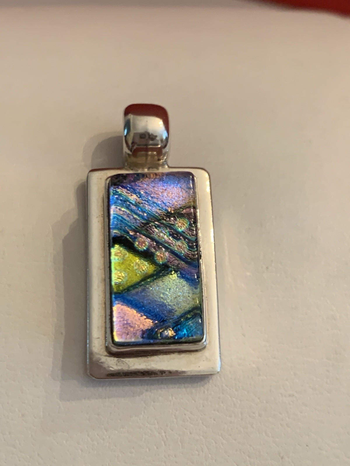 Vtg. Multi Color Dichroic Glass .925 Sterling Silver Pendant Rectangle- BinM
