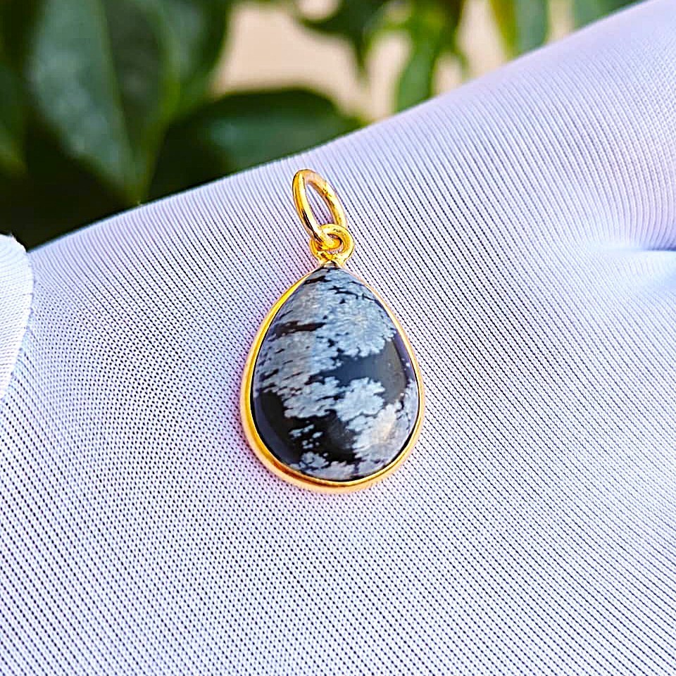 Snowflake Obsidian Gemstone Handmade Pendant Charm, Sterling Silver Gold Plated