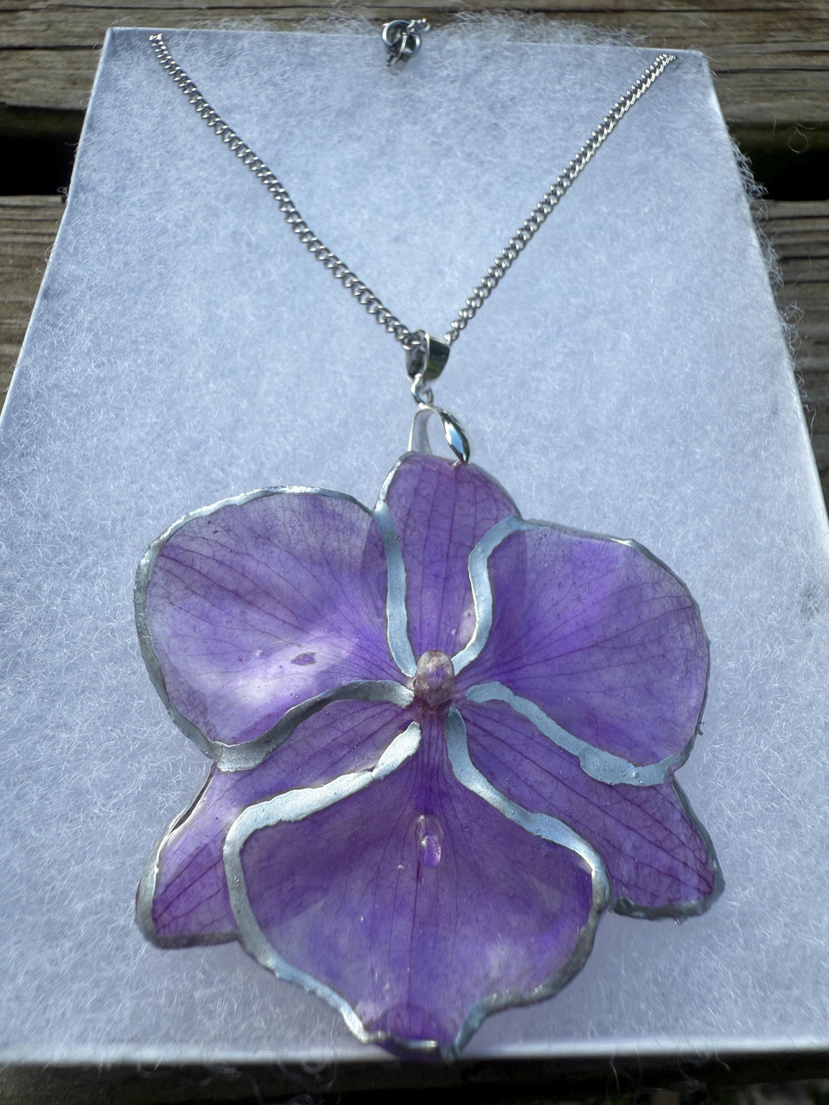 Real Violet Orchid Resin Necklace | Preserved Pendant | Silver Steel Chain