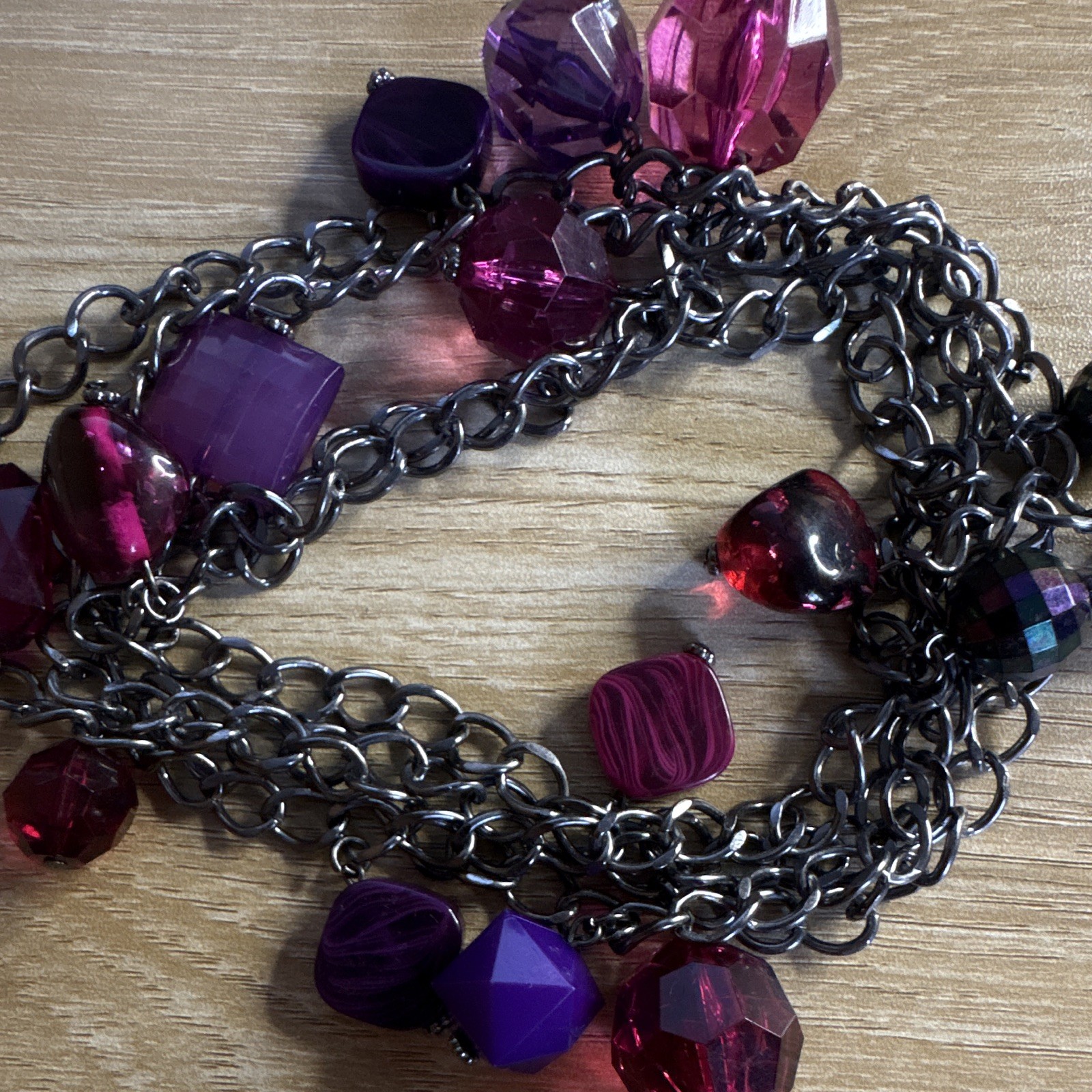 Layered Beaded Cable Chain Necklace Plastic Metal Silver Purple Pink Red