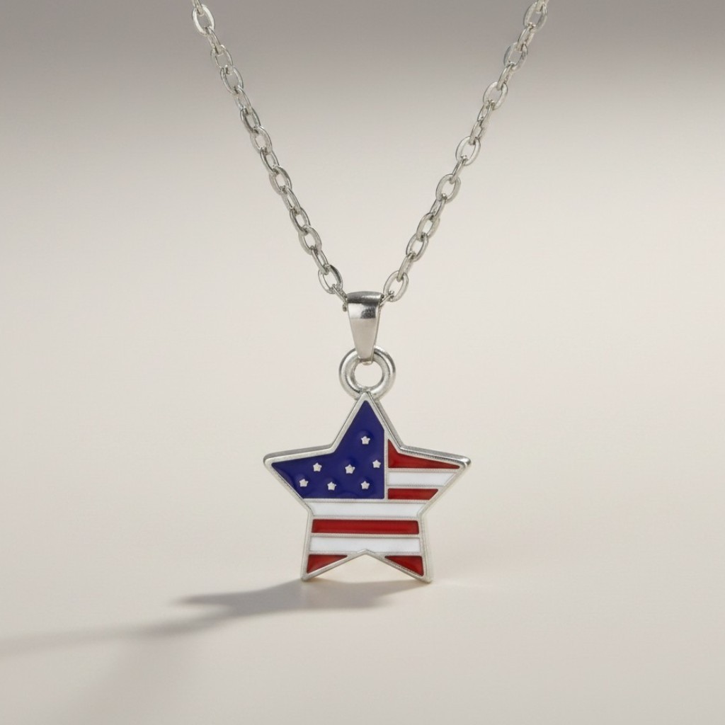 Patriotic Star American Flag Themed Enamel Pendant Necklace Jewelry