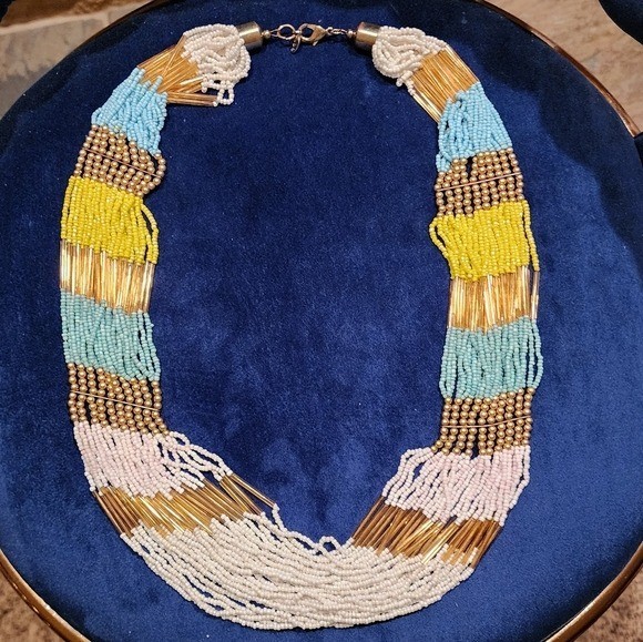 ALDO 1990s Multi Strand Statement Beaded Necklace Gold Blue Yellow Tribal Style