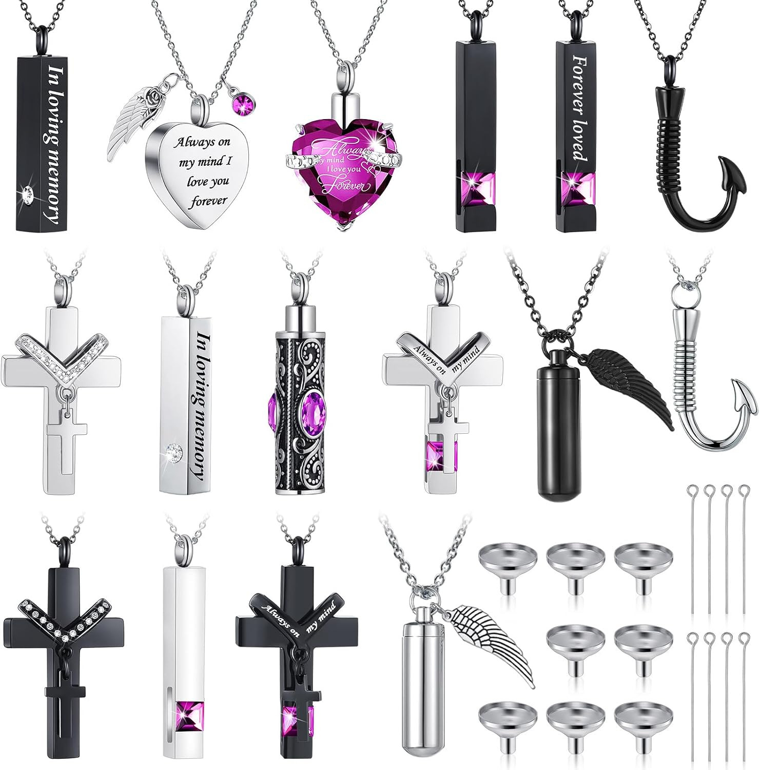 16 Pcs Waterproof Ashes Necklace Set with Heart Locket & Filling Kit