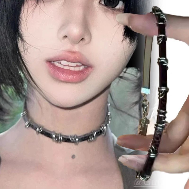 Vintage Irregular Metal Circle Leather Necklace Choker Gothic Collar Jewelry