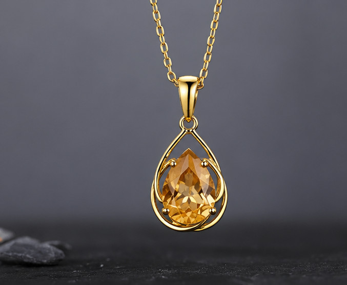 14K Gold Pear Cut Citrine Teardrop 2.50 Carat Elegant Solitaire Pendant Necklace