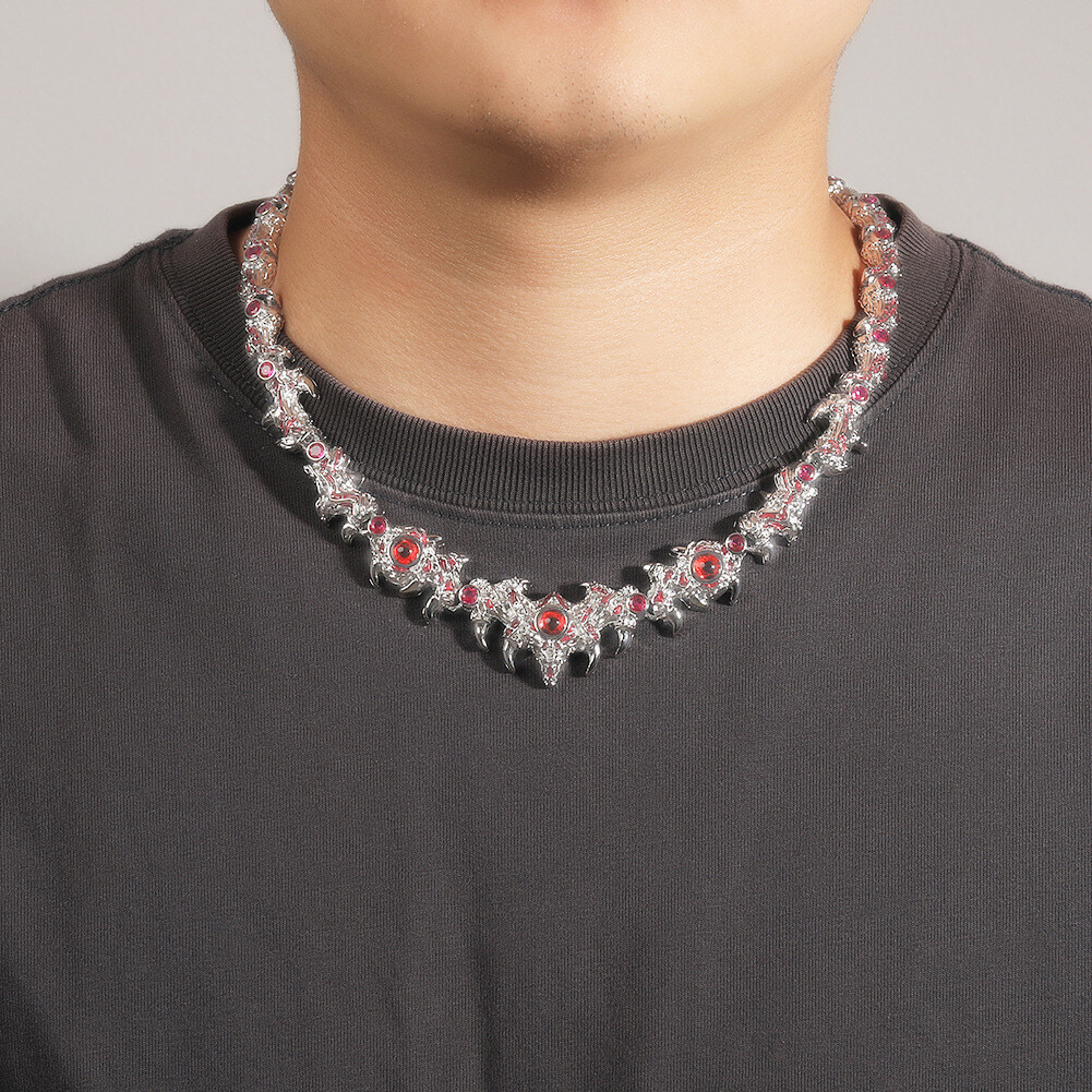 18″ Red Eyes Spikes Iced CZ Out Chain Choker Silver Necklace For Men Hip Hop
