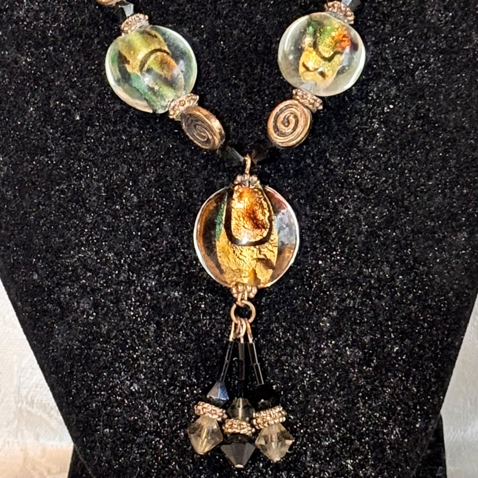 YOU + I necklace multicolor foiled glass metal beads wire chain vintage style