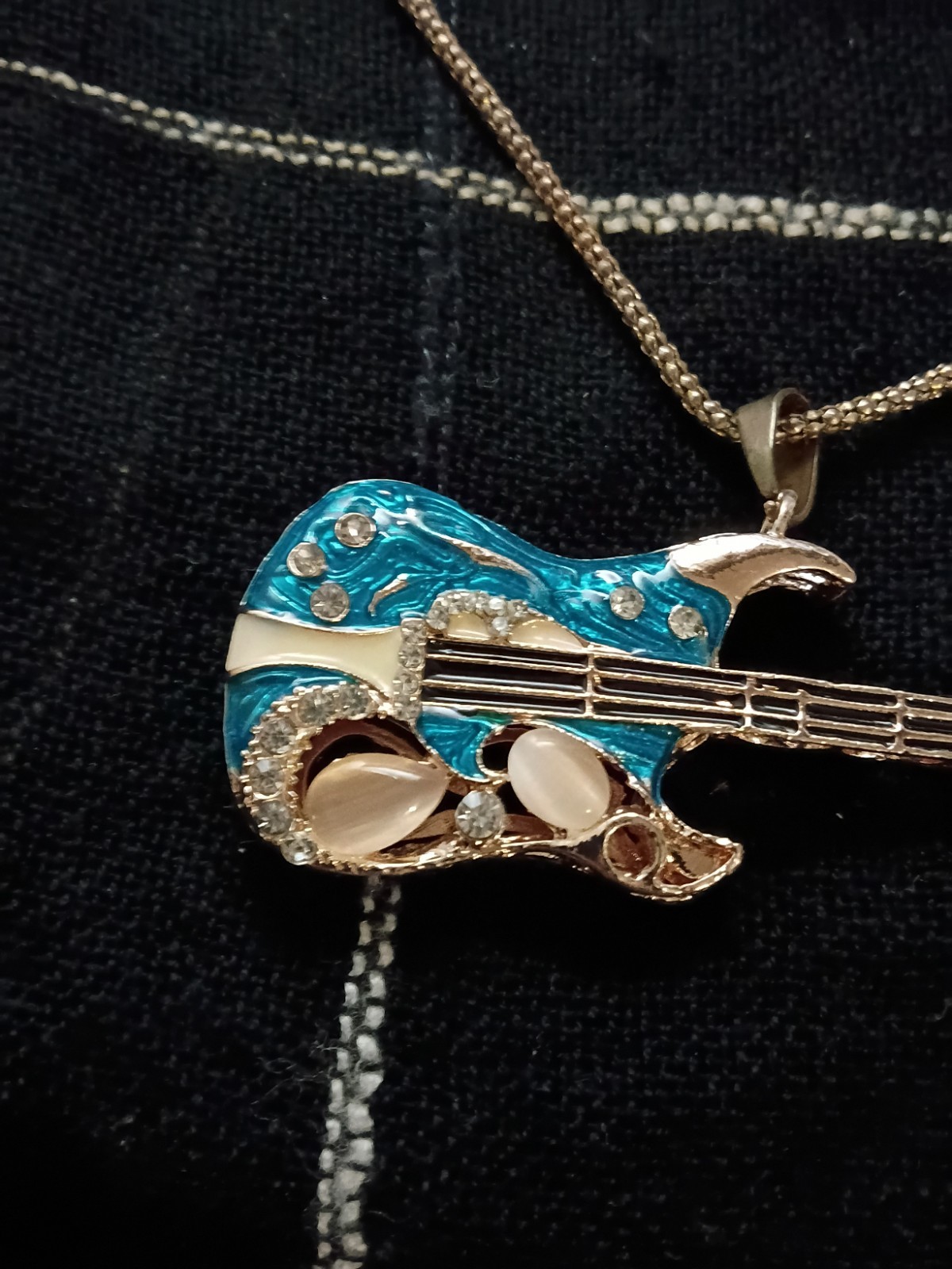 Betsey Johnson Gold Tone Box Chain Necklace Blue Guitar Crystal Pendant Signed