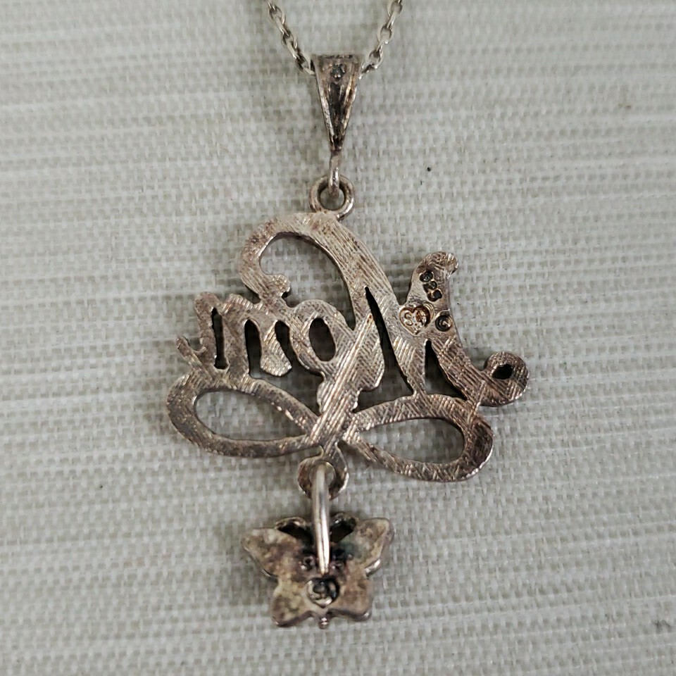MOM Pendant Infinity Butterfly Dangle 18″ Necklace Marked SA 925 Sterling Silver