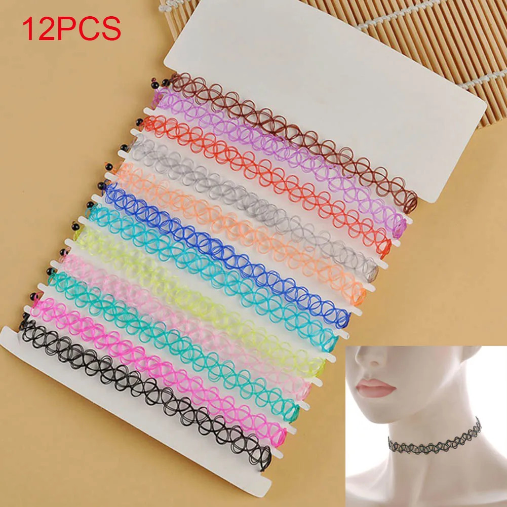 12pcs Hot Sale Vintage Chokers Necklaces For Women Stretch Tattoo Necklaces