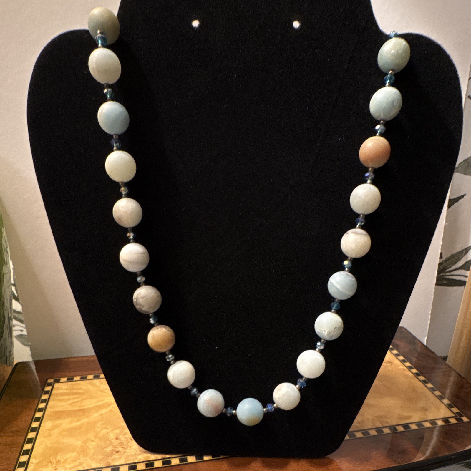 Handmade Blue/White Glass & Stone Beaded Necklace 20 in Ball/Bead Toggle
