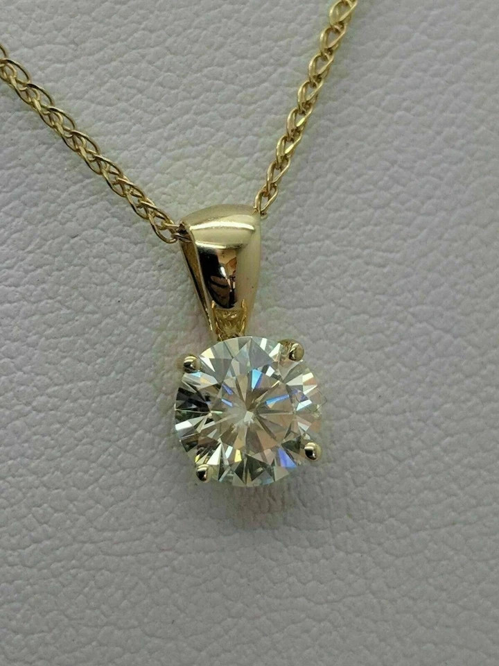 3CT Round-Cut Real Moissanite Solitaire Pendant 14K Yellow Gold Plated 18″ Chain