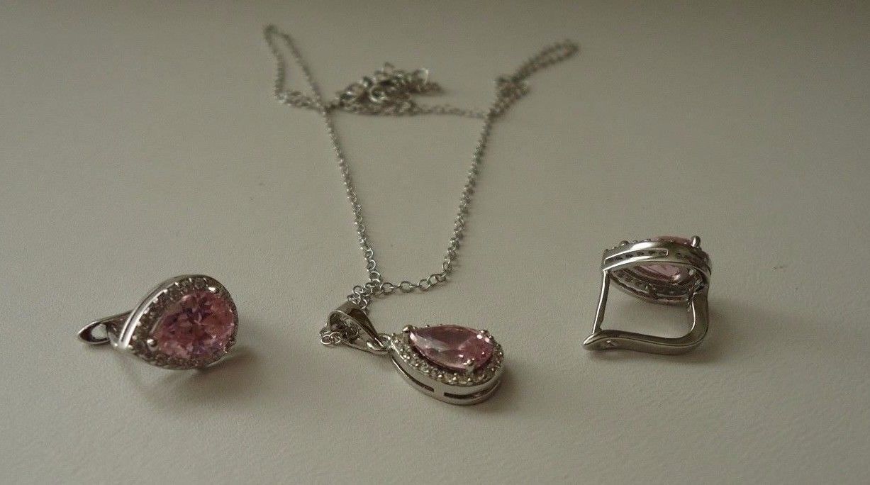 7.20 CT PINK / WHITE LAB SIMULANT DIAMOND PENDANT & EARRING SET STERLING SILVER