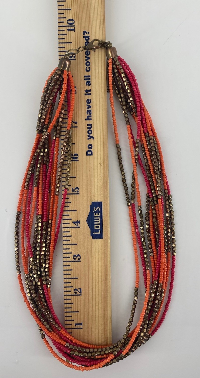 Layered Beaded Glass Metal Necklace Orange Bronze Red Adjustable Lobster Closure