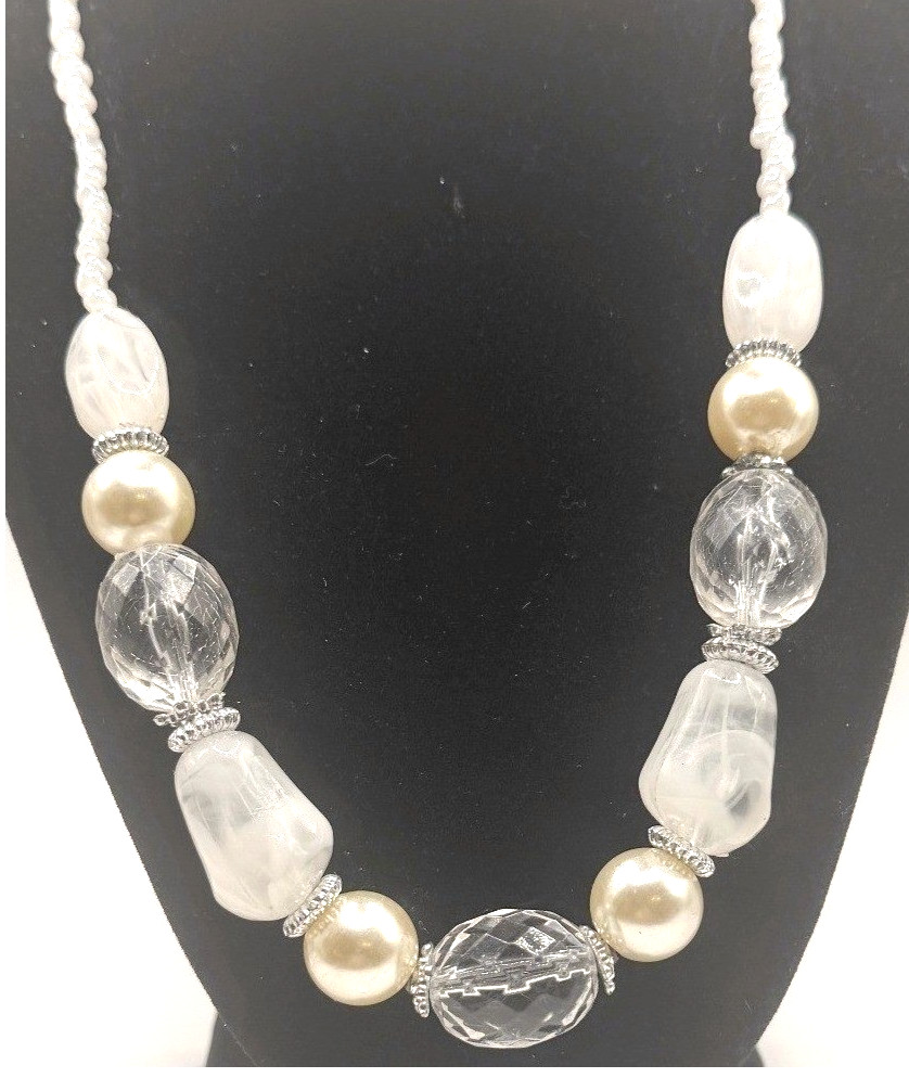 Vintage Chunky Faux Pearl & Clear Crystal Statement Necklace 20″