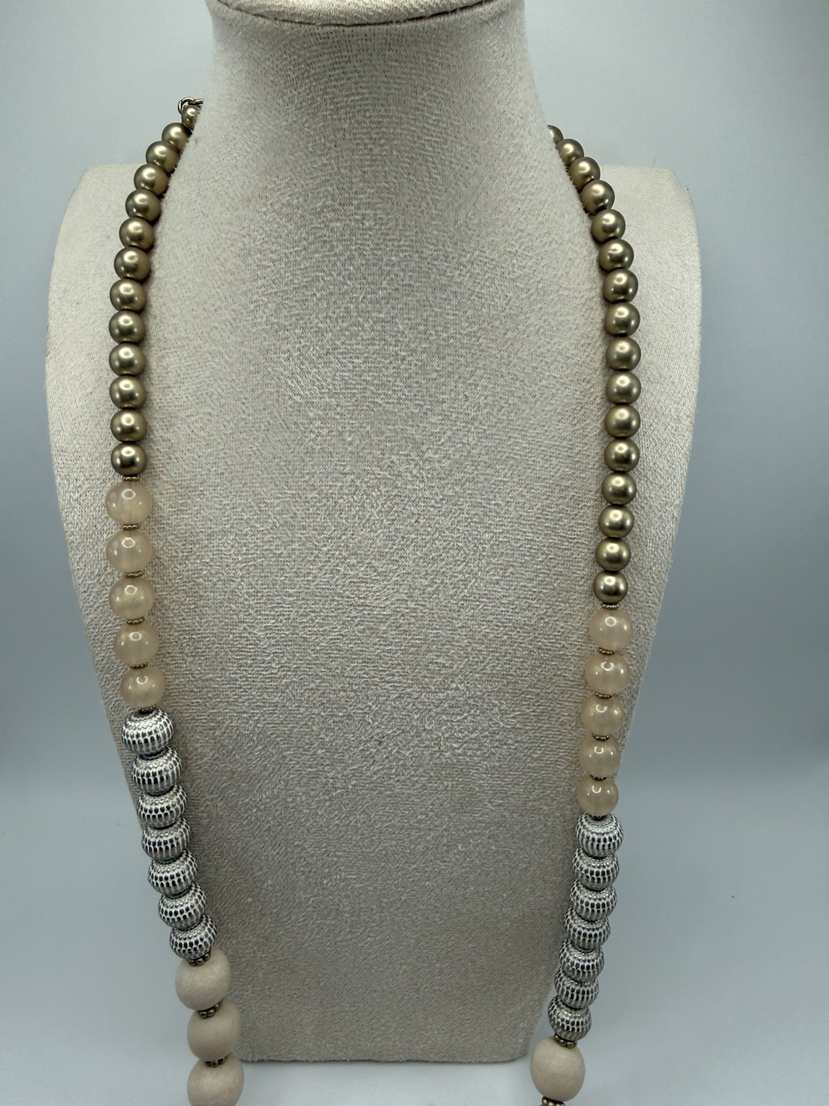 Chico’s 40” Mixed Metals & Textures Beaded Necklace Gold/Silver/Pink/Beige Tones