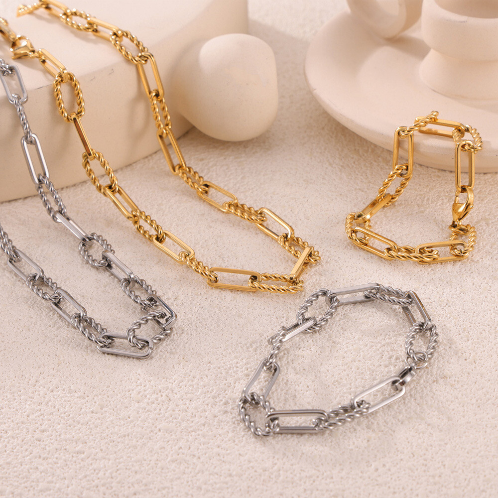 Fashion Woman 18K Gold Plated Paper Clip Chain Rope Necklace Bracelet Bangle
