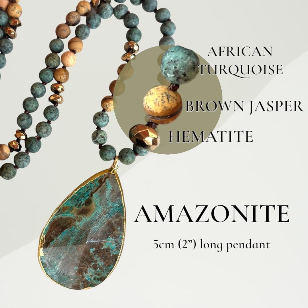 Unique Long Bead Necklace with Turquoise Green Stones & Large Natural Pendant