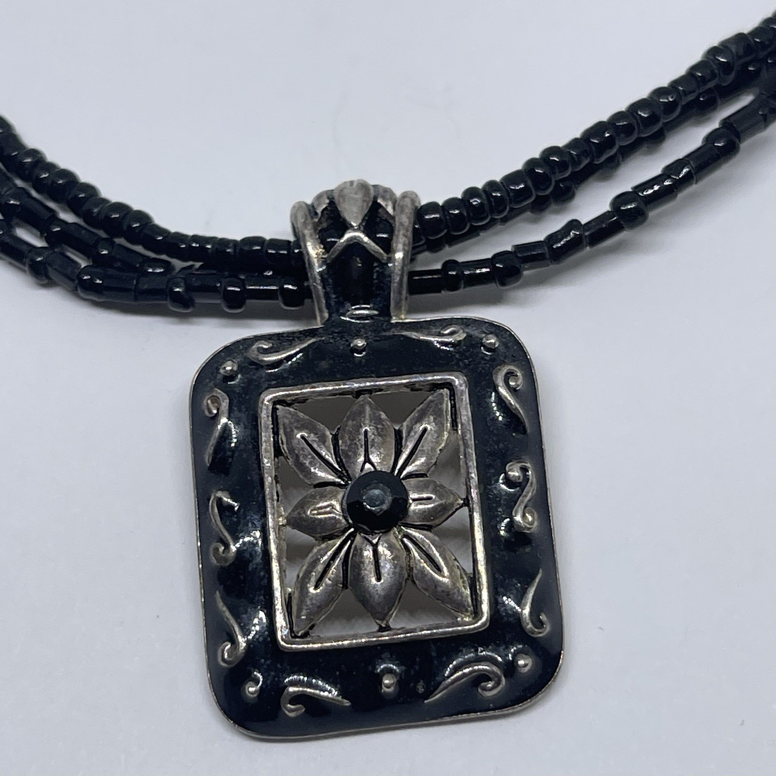 Lady Remington Black Enamel Flower Pendant Gold Wash Tone Black Bead Necklace