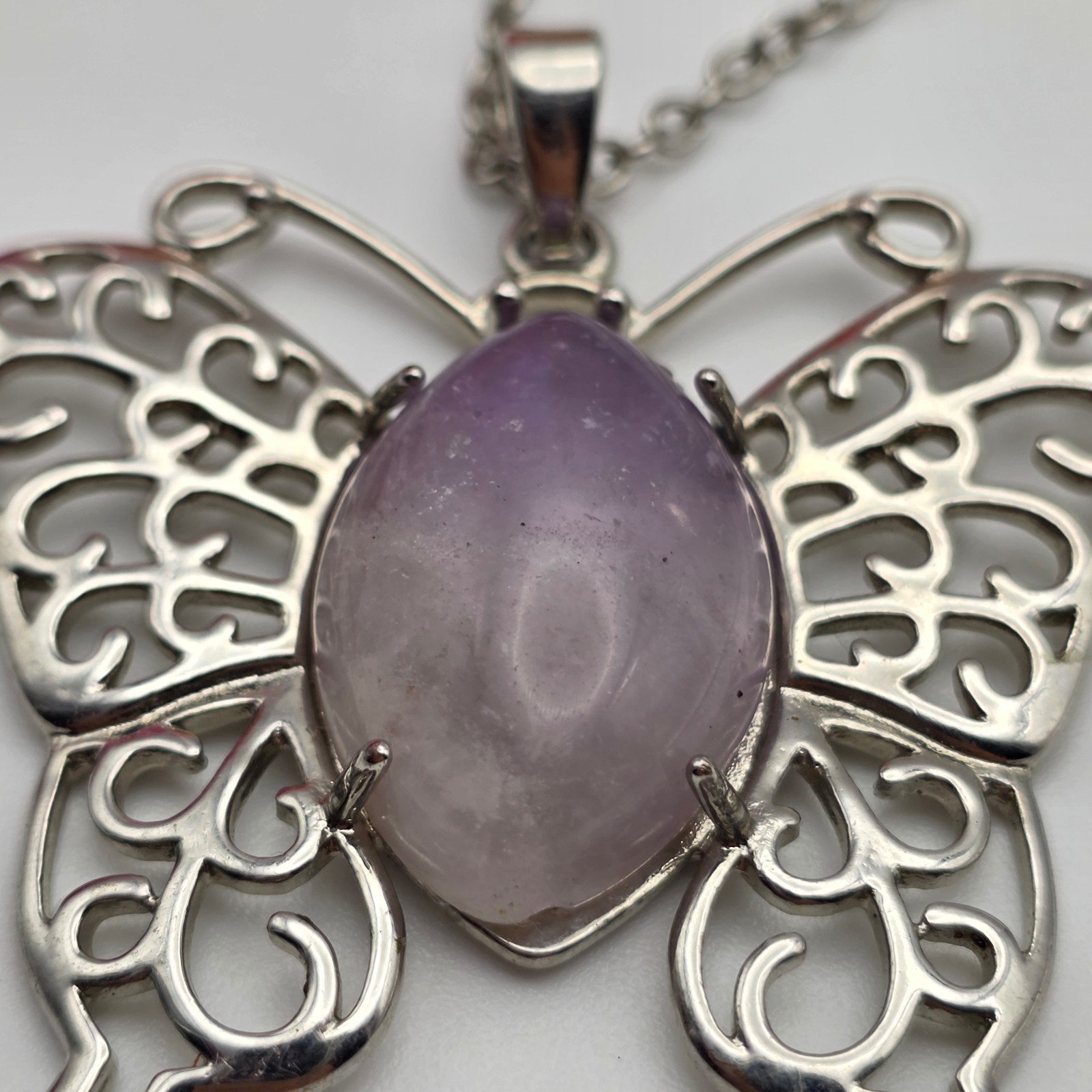 Purple Amethyst Cabochon Filigree Butterfly Pendant Necklace Silver Tone 27 In